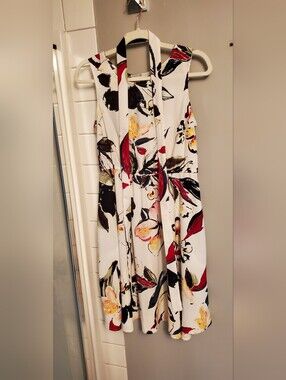 White Floral Midi Dress with Red & Black Accents